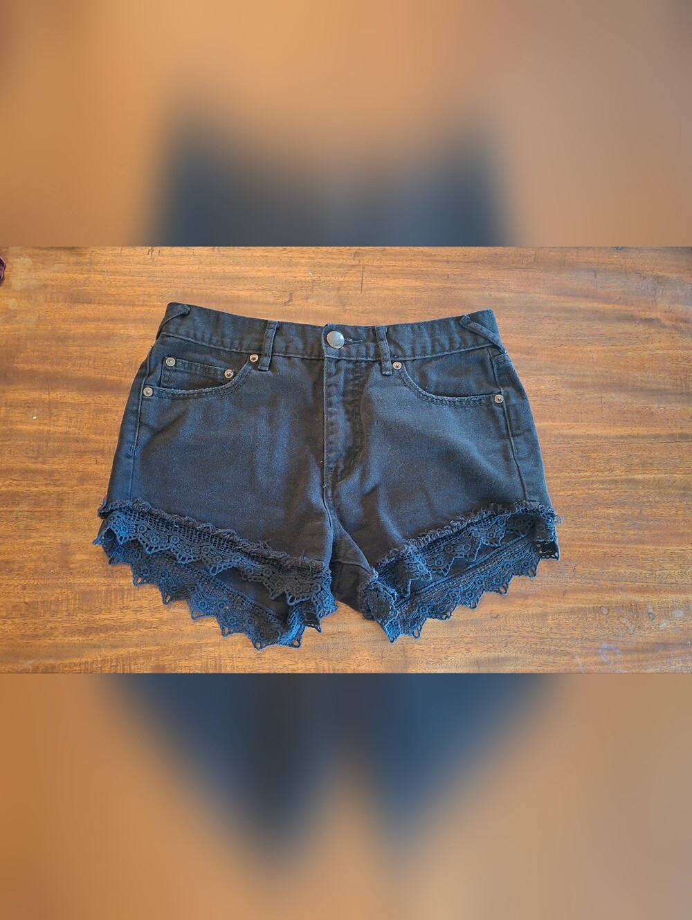 Free People Black Lace-Trim High-Waist Denim Shorts